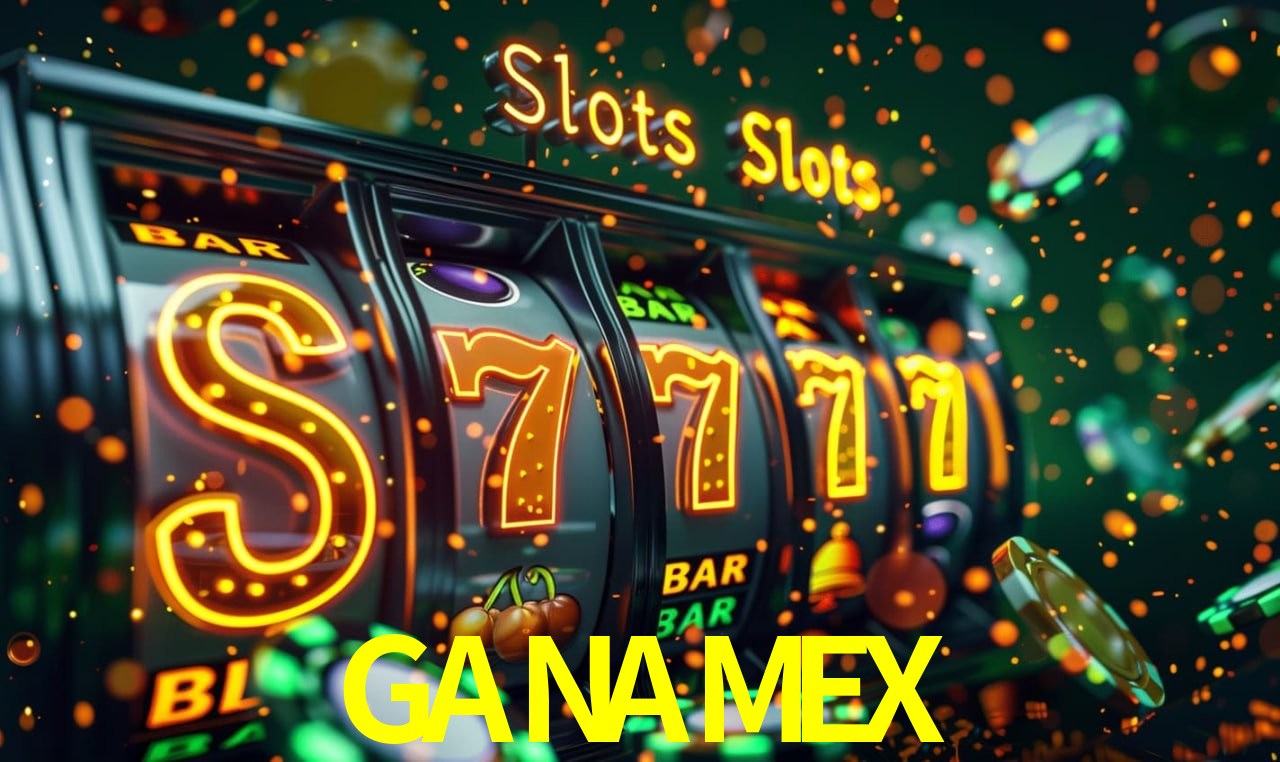 Escena dinámica inspirada en casino con iluminación GANAMEX, cartas, fichas e íconos de juegos digitales en un espacio moderno de juegos.