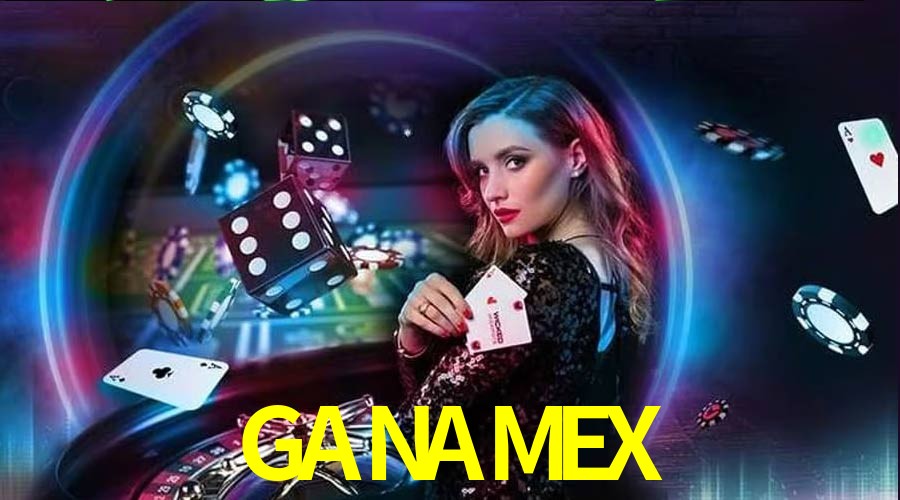 Una escena digital vívida inspirada en casino con GANAMEX mostrado prominentemente, luces brillantes, fichas, cartas y acentos dorados.