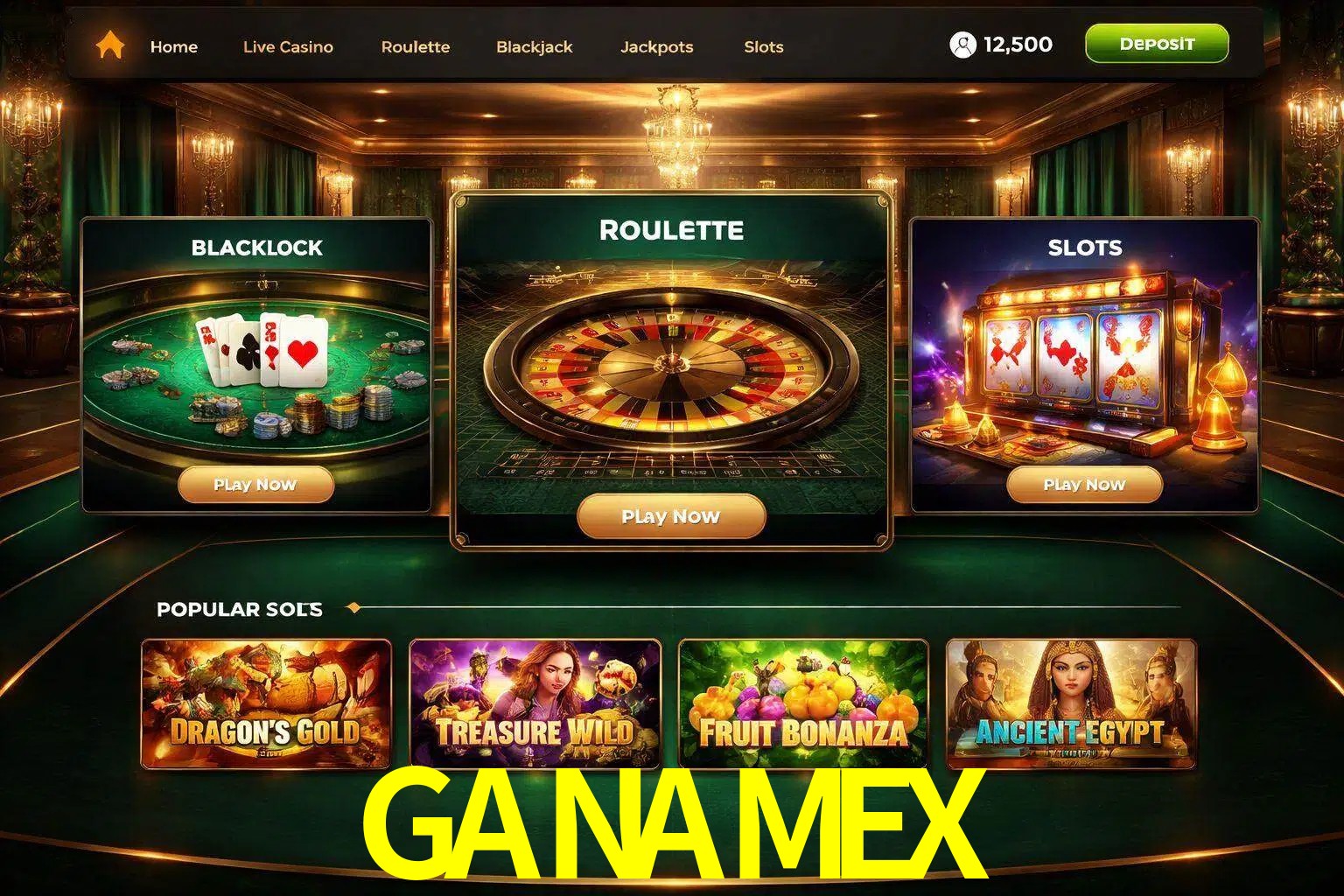 Vista de la plataforma GANAMEX Casino mostrando categorías organizadas de juegos en línea