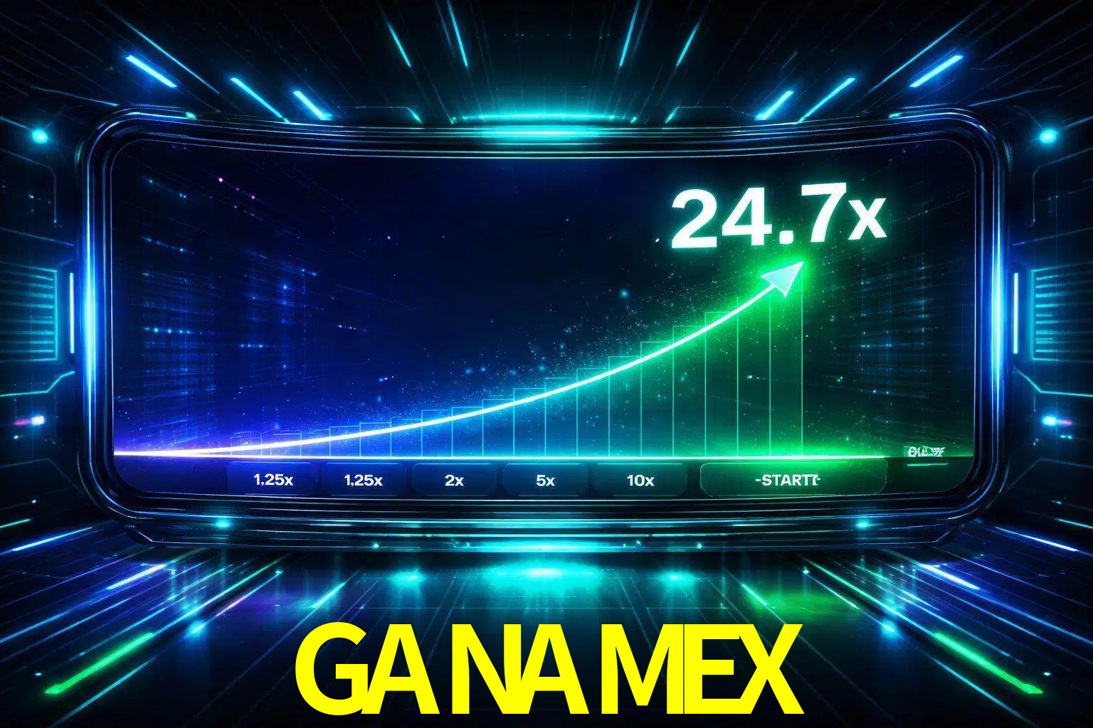 Una pantalla moderna de juego estilo crash con multiplicadores ascendentes, visuales de neón y una interfaz intensa enfocada en la acción.