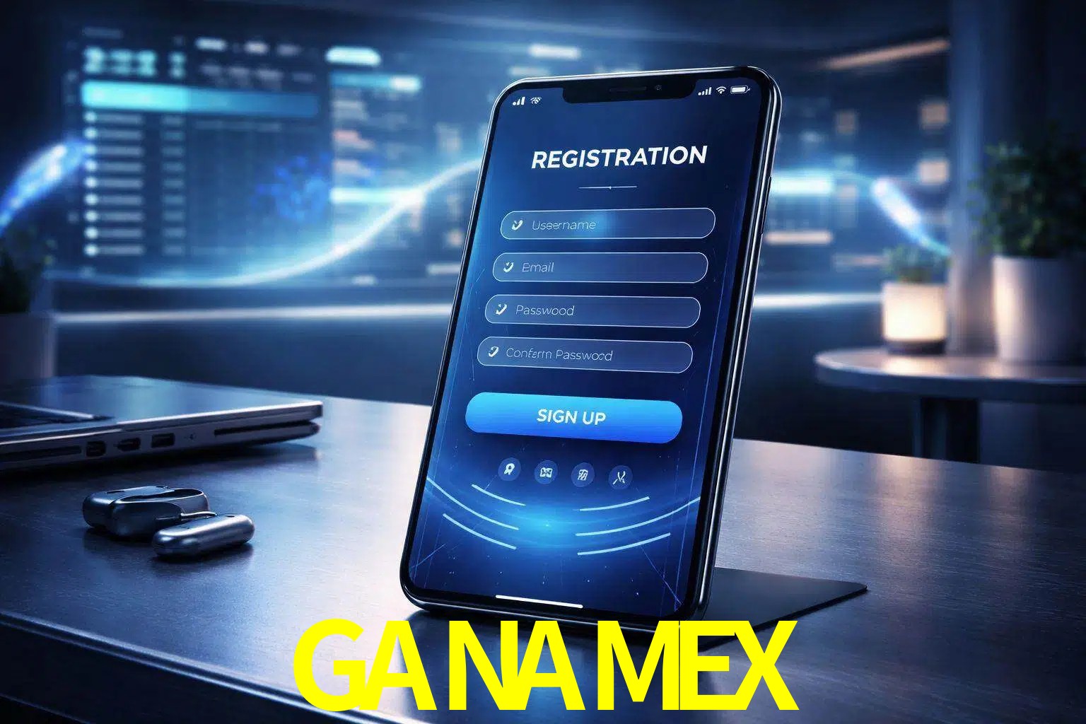 Una interfaz moderna de registro móvil para GANAMEX mostrada en un smartphone con un panel de apuestas elegante.